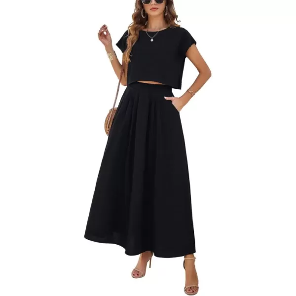 chouyatou Womens 2 Piece Outfits Cap Sleeve Crop Top and High Elastic Waist Pleated Swing Long Skirt SetBlack