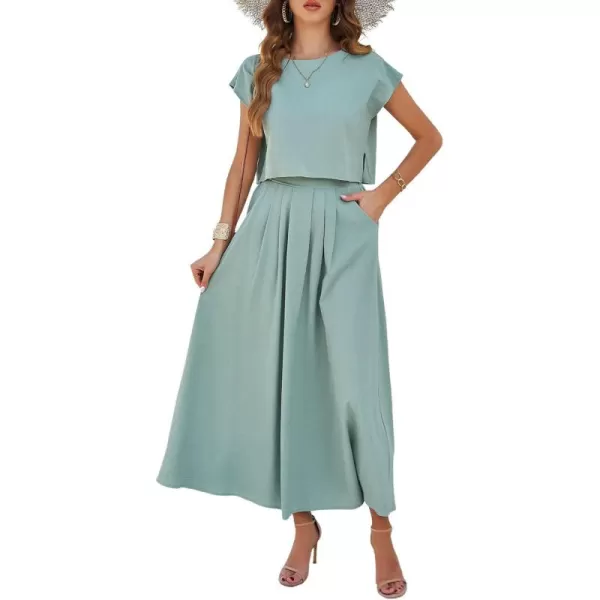 chouyatou Womens 2 Piece Outfits Cap Sleeve Crop Top and High Elastic Waist Pleated Swing Long Skirt SetGreen