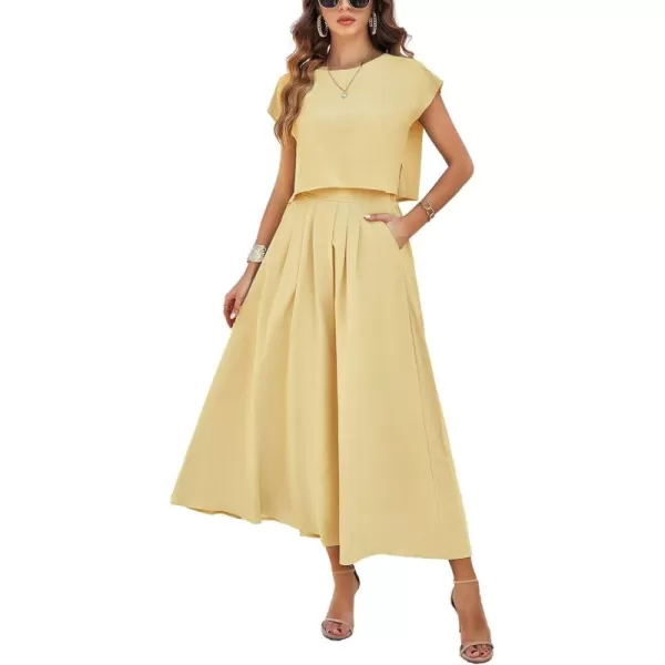 chouyatou Womens 2 Piece Outfits Cap Sleeve Crop Top and High Elastic Waist Pleated Swing Long Skirt SetLight Yellow