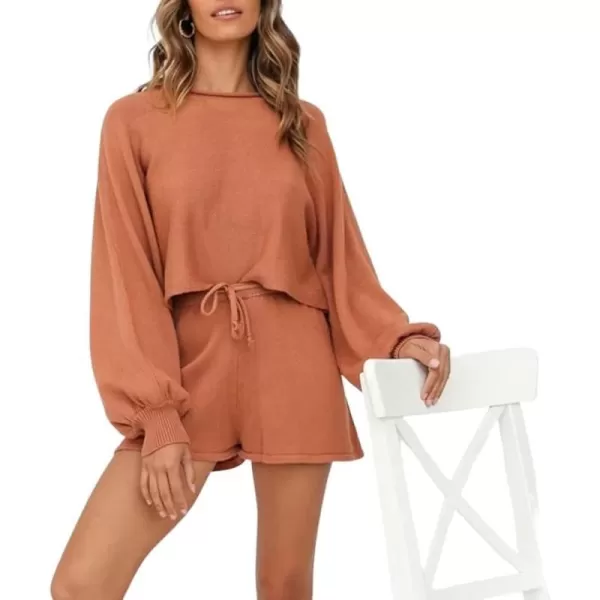 chouyatou Womens 2 Piece Outfits Lantern Sleeve Crop Knit Pullover Sweater Top Shorts SetsOrange