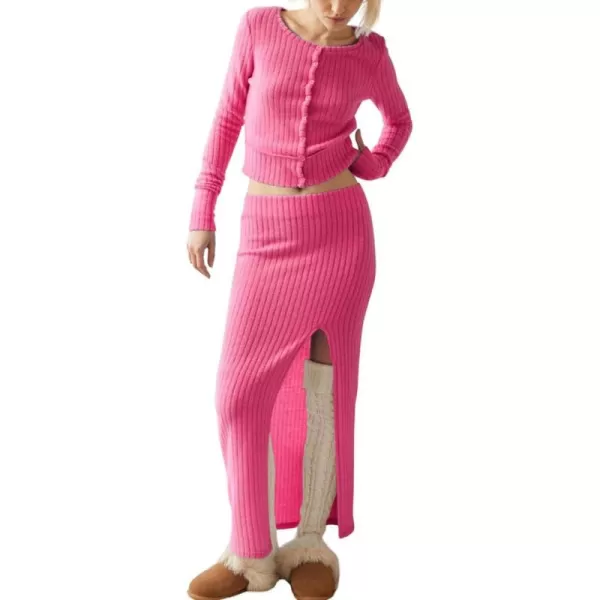 chouyatou Womens 2 Piece Sets Y2K Cropped Button Up Sweater Split Maxi Bodycon Skirt Two Piece OutfitsHot Pink