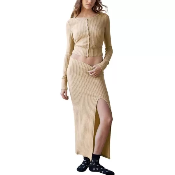 chouyatou Womens 2 Piece Sets Y2K Cropped Button Up Sweater Split Maxi Bodycon Skirt Two Piece OutfitsKhaki