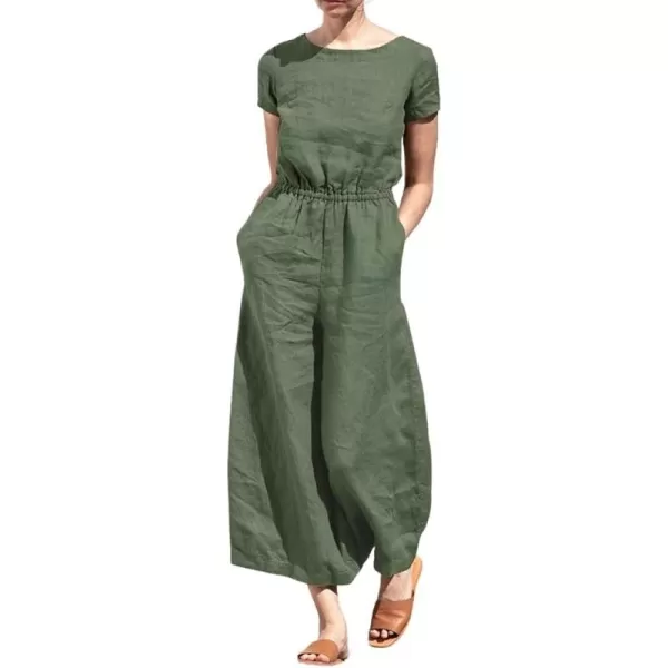 chouyatou Womens Elegant Sleeveless Linen Jumpsuits Casual Wide Leg Jumpsuit Pants RomperSleeved Distressed Green