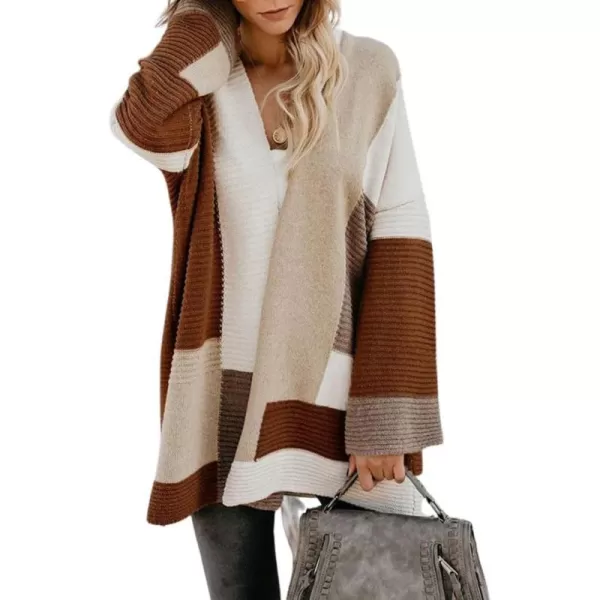 chouyatou Womens Fall Geometric Color Block Open Front Cardigan Sweater Elegant Casual Oversized Coatigan CoatBrown