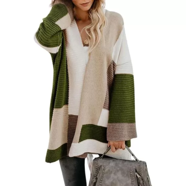 chouyatou Womens Fall Geometric Color Block Open Front Cardigan Sweater Elegant Casual Oversized Coatigan CoatGreen