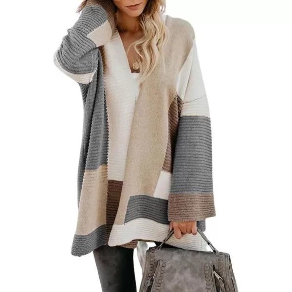 chouyatou Womens Fall Geometric Color Block Open Front Cardigan Sweater Elegant Casual Oversized Coatigan CoatGrey