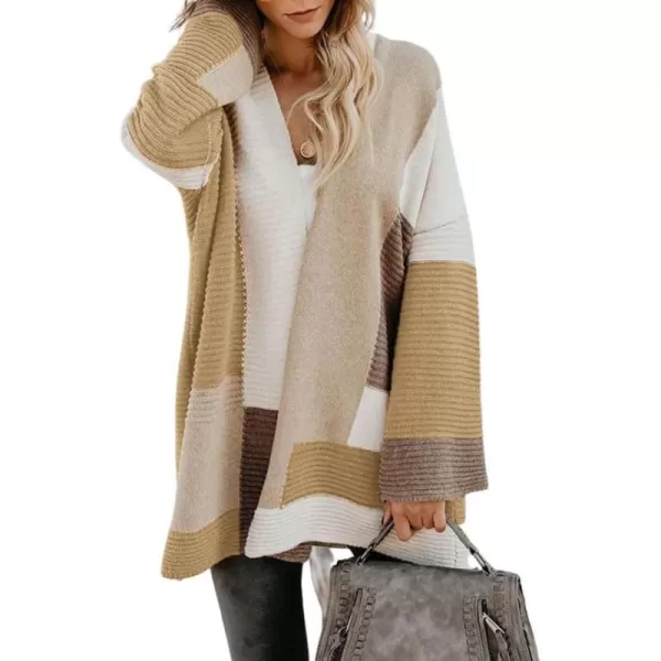 chouyatou Womens Fall Geometric Color Block Open Front Cardigan Sweater Elegant Casual Oversized Coatigan CoatKhaki