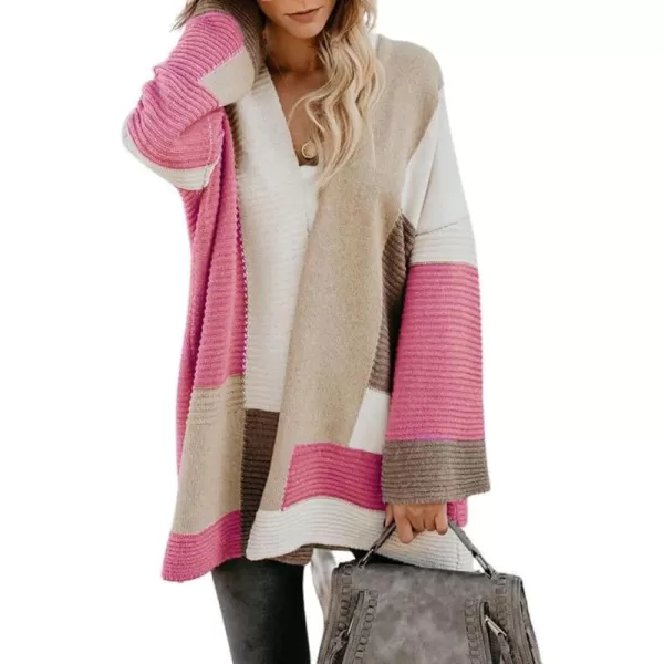 chouyatou Womens Fall Geometric Color Block Open Front Cardigan Sweater Elegant Casual Oversized Coatigan CoatPink