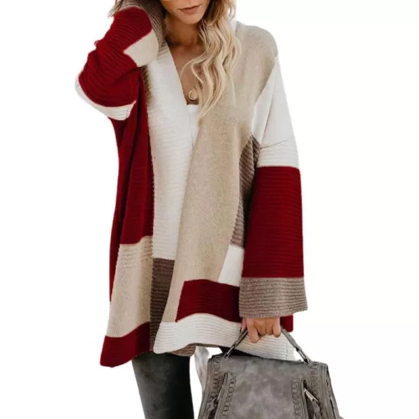chouyatou Womens Fall Geometric Color Block Open Front Cardigan Sweater Elegant Casual Oversized Coatigan CoatWine Red