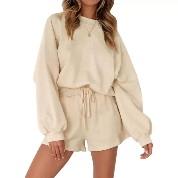 chouyatou Womens Long Sleeve Pullover Sweatshirt Top Shorts Sets 2 Piece OutfitsBeige