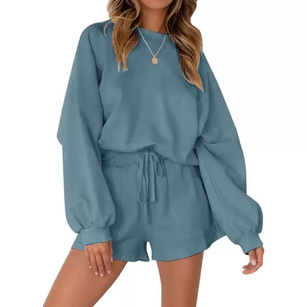 chouyatou Womens Long Sleeve Pullover Sweatshirt Top Shorts Sets 2 Piece OutfitsBlue