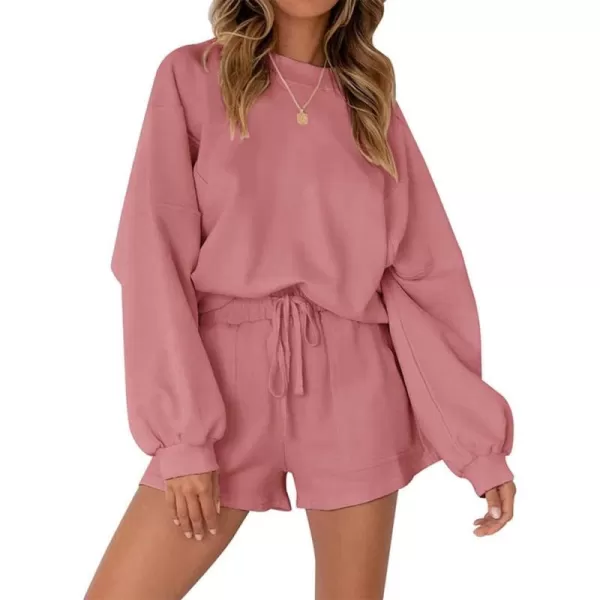 chouyatou Womens Long Sleeve Pullover Sweatshirt Top Shorts Sets 2 Piece OutfitsPink