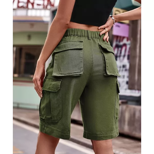 chouyatou Womens Cargo Military Elastic High Rise Straight Leg Bermuda Shorts with PocketsArmy Green