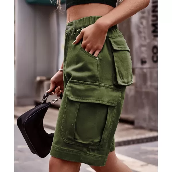 chouyatou Womens Cargo Military Elastic High Rise Straight Leg Bermuda Shorts with PocketsArmy Green