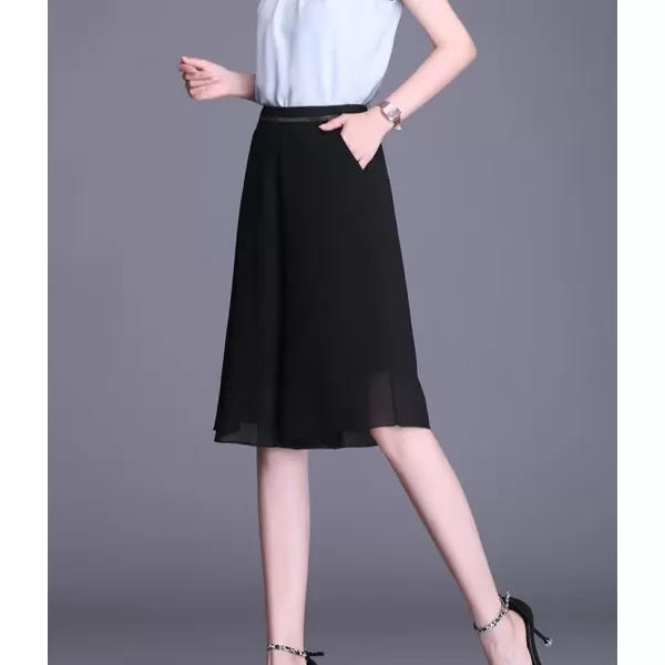 chouyatou Womens Chiffon Wide Leg Bermuda Shorts High Elastic Waisted Dressy Casual Capri Pants CulottesBlack