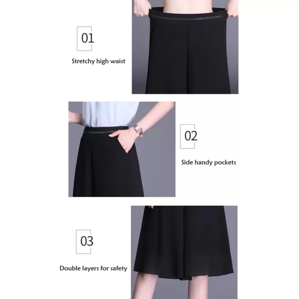 chouyatou Womens Chiffon Wide Leg Bermuda Shorts High Elastic Waisted Dressy Casual Capri Pants CulottesBlack