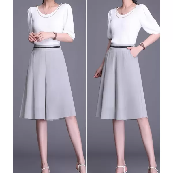 chouyatou Womens Chiffon Wide Leg Bermuda Shorts High Elastic Waisted Dressy Casual Capri Pants CulottesGray