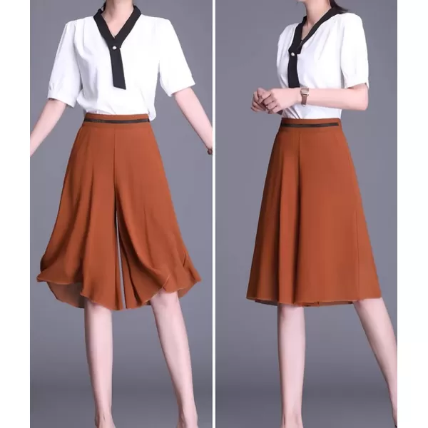 chouyatou Womens Chiffon Wide Leg Bermuda Shorts High Elastic Waisted Dressy Casual Capri Pants CulottesOrange