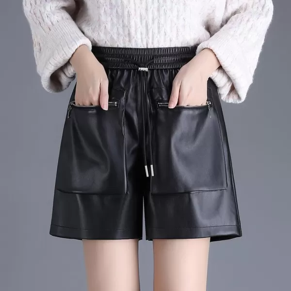 chouyatou Womens Cool Zipper Pockets High Elastic Waist Wide Leg Pu Faux Leather Shorts with PocketsBlack