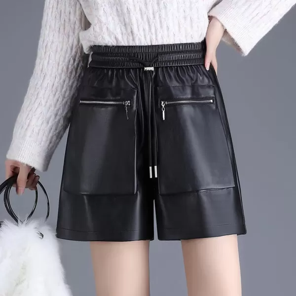 chouyatou Womens Cool Zipper Pockets High Elastic Waist Wide Leg Pu Faux Leather Shorts with PocketsBlack