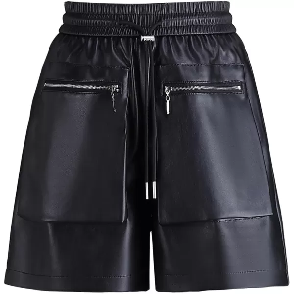 chouyatou Womens Cool Zipper Pockets High Elastic Waist Wide Leg Pu Faux Leather Shorts with PocketsBlack