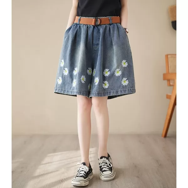 chouyatou Womens Cute Daisy Embroidery Denim Shorts Elastic Waist Wide Leg Jean Shorts with PocketsDark Blue