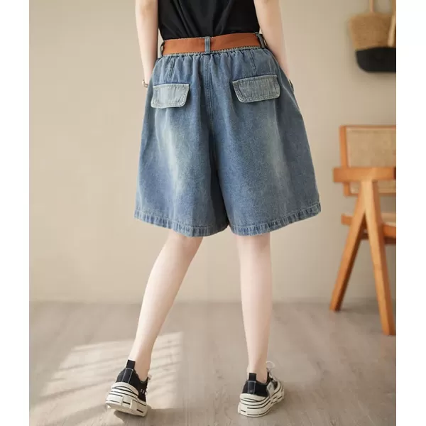 chouyatou Womens Cute Daisy Embroidery Denim Shorts Elastic Waist Wide Leg Jean Shorts with PocketsDark Blue