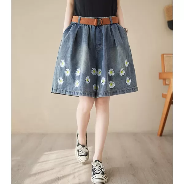 chouyatou Womens Cute Daisy Embroidery Denim Shorts Elastic Waist Wide Leg Jean Shorts with PocketsDark Blue