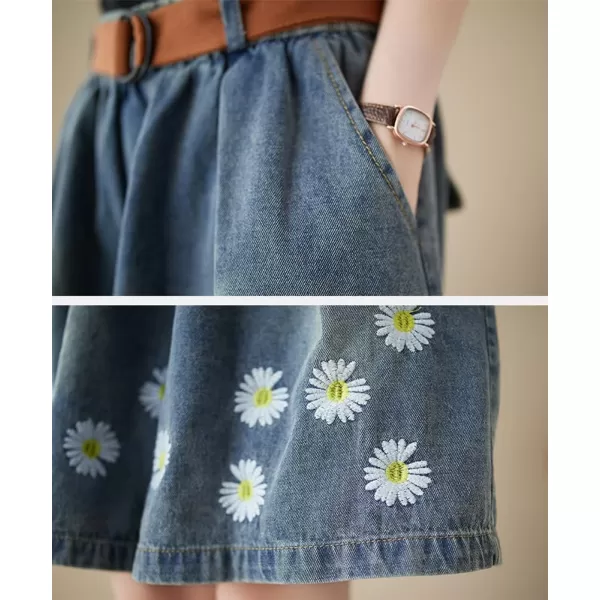 chouyatou Womens Cute Daisy Embroidery Denim Shorts Elastic Waist Wide Leg Jean Shorts with PocketsDark Blue