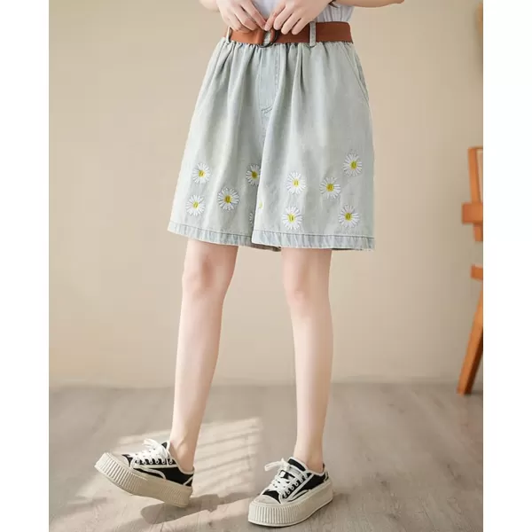 chouyatou Womens Cute Daisy Embroidery Denim Shorts Elastic Waist Wide Leg Jean Shorts with PocketsLight Blue