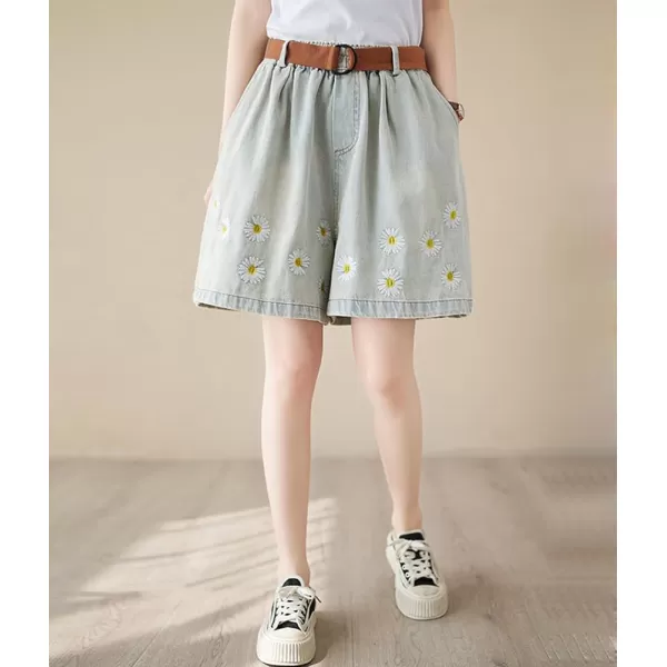 chouyatou Womens Cute Daisy Embroidery Denim Shorts Elastic Waist Wide Leg Jean Shorts with PocketsLight Blue