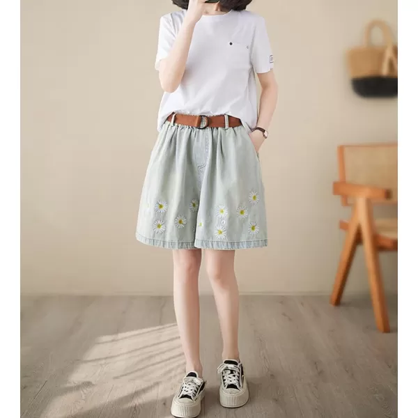 chouyatou Womens Cute Daisy Embroidery Denim Shorts Elastic Waist Wide Leg Jean Shorts with PocketsLight Blue