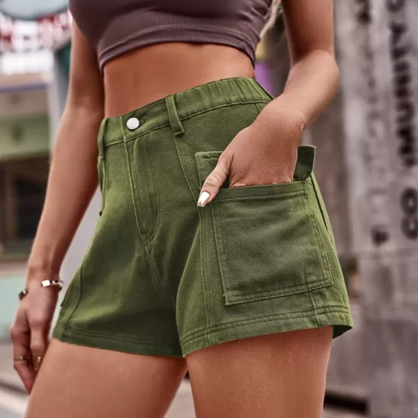 chouyatou Womens Sexy Cargo Shorts Summer Casual Elastic High Waist Demin Shorts with PocketsArmy Green