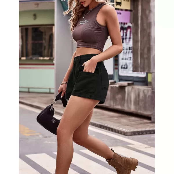 chouyatou Womens Sexy Cargo Shorts Summer Casual Elastic High Waist Demin Shorts with PocketsBlack