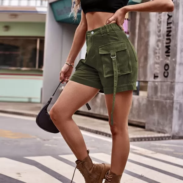 chouyatou Womens Summer Cargo Demin Shorts with Elastic High Waist Y2K Shorts with Dring RibbonArmy Green