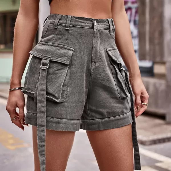 chouyatou Womens Summer Cargo Demin Shorts with Elastic High Waist Y2K Shorts with Dring RibbonGrey