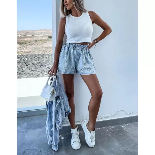 chouyatou Womens Summer Sexy Rivet Studded Elastic Waist Wide Leg Y2k Denim Jean ShortsFlower Rivets