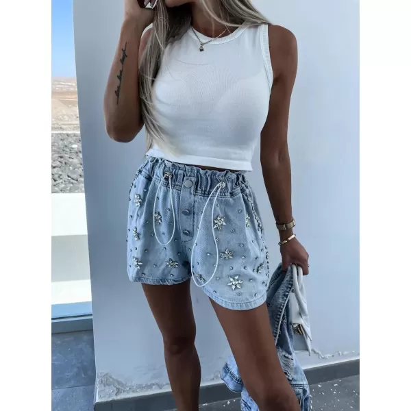 chouyatou Womens Summer Sexy Rivet Studded Elastic Waist Wide Leg Y2k Denim Jean ShortsFlower Rivets