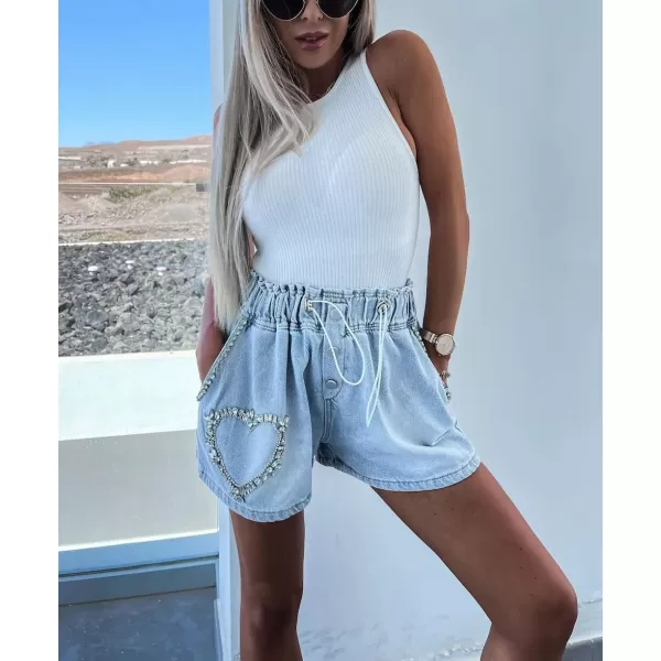 chouyatou Womens Summer Sexy Rivet Studded Elastic Waist Wide Leg Y2k Denim Jean ShortsHeart Rivets