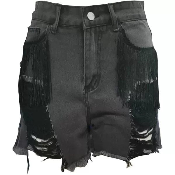 chouyatou Womens Y2k Fringe Denim Shorts High Waisted Frayed Ripped Holes Wide Leg Jean ShortsBlack Gray