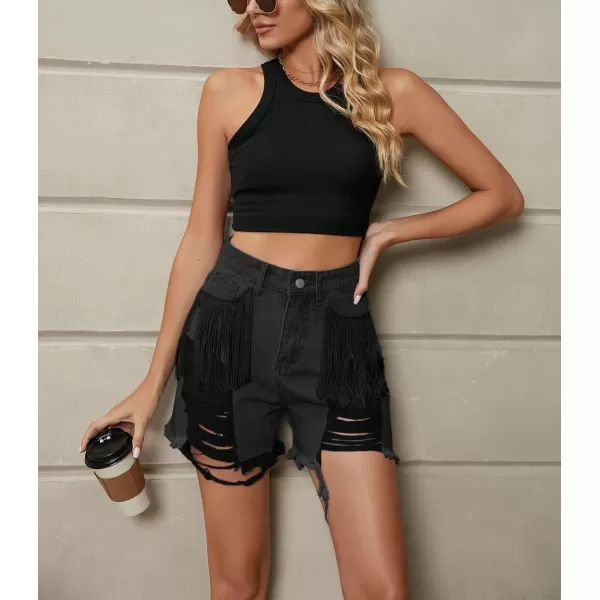 chouyatou Womens Y2k Fringe Denim Shorts High Waisted Frayed Ripped Holes Wide Leg Jean ShortsBlack Gray
