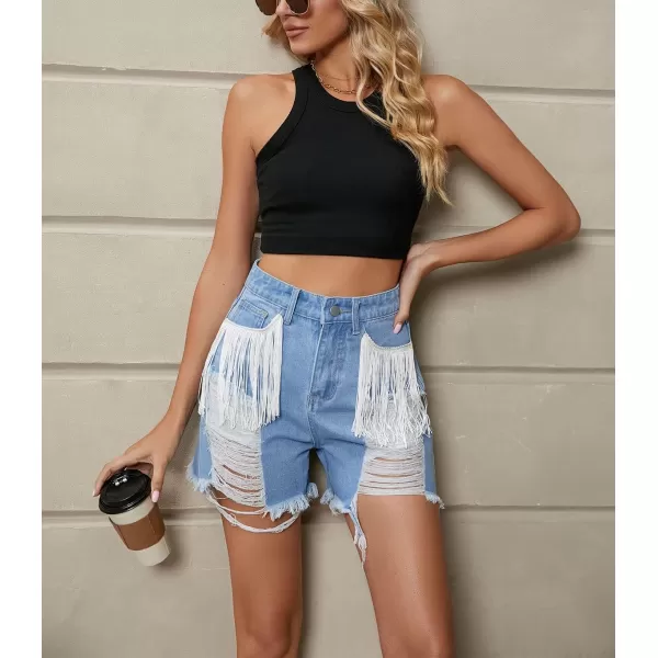 chouyatou Womens Y2k Fringe Denim Shorts High Waisted Frayed Ripped Holes Wide Leg Jean ShortsLight Blue