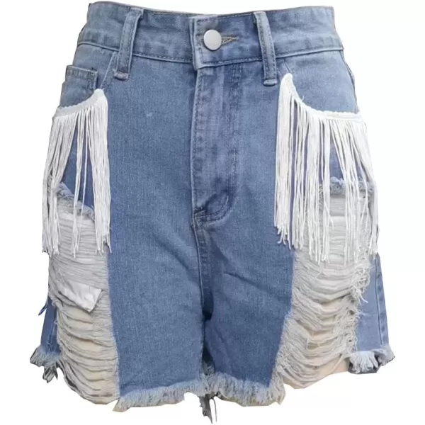 chouyatou Womens Y2k Fringe Denim Shorts High Waisted Frayed Ripped Holes Wide Leg Jean ShortsLight Blue