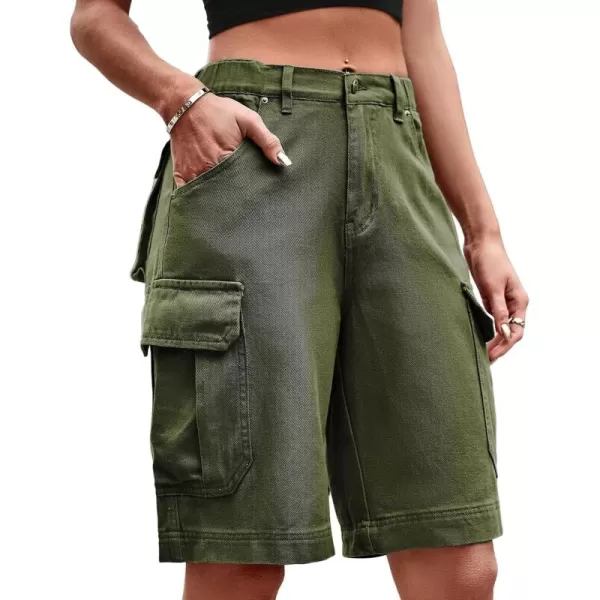 chouyatou Womens Cargo Military Elastic High Rise Straight Leg Bermuda Shorts with PocketsArmy Green