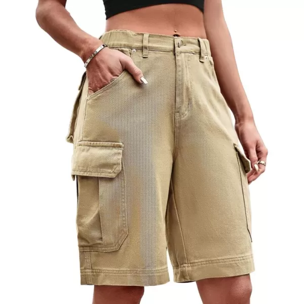 chouyatou Womens Cargo Military Elastic High Rise Straight Leg Bermuda Shorts with PocketsKhaki