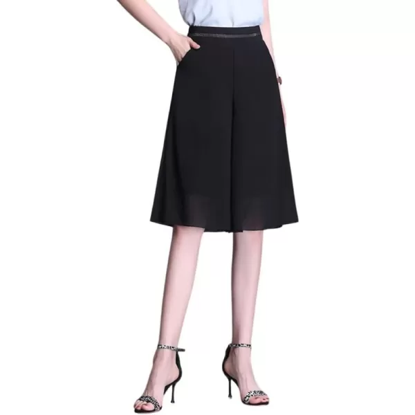 chouyatou Womens Chiffon Wide Leg Bermuda Shorts High Elastic Waisted Dressy Casual Capri Pants CulottesBlack