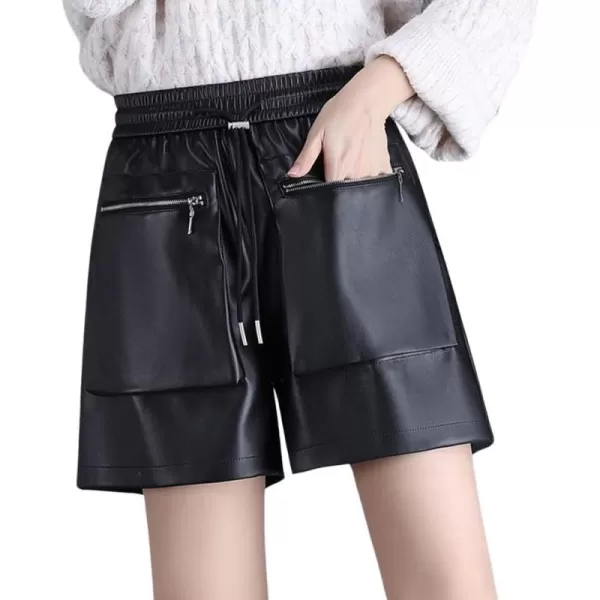 chouyatou Womens Cool Zipper Pockets High Elastic Waist Wide Leg Pu Faux Leather Shorts with PocketsBlack