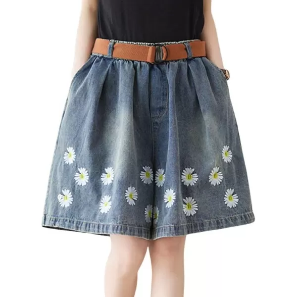 chouyatou Womens Cute Daisy Embroidery Denim Shorts Elastic Waist Wide Leg Jean Shorts with PocketsDark Blue