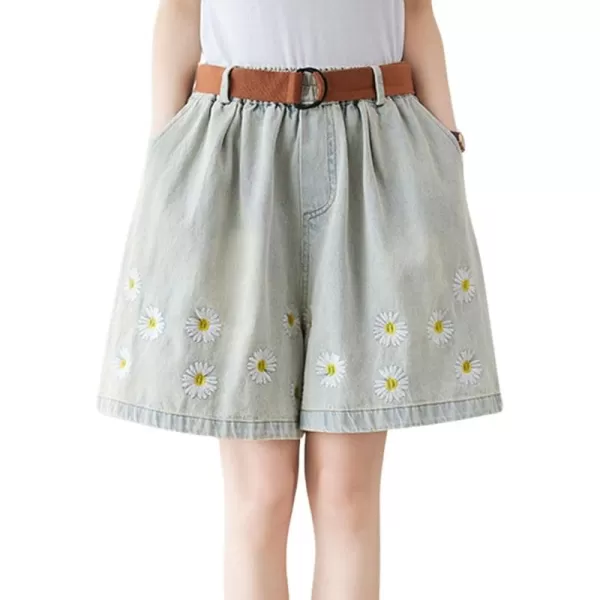 chouyatou Womens Cute Daisy Embroidery Denim Shorts Elastic Waist Wide Leg Jean Shorts with PocketsLight Blue
