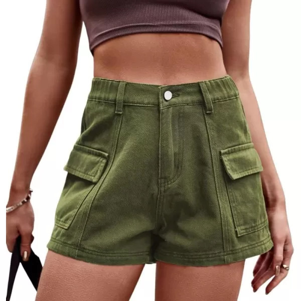 chouyatou Womens Sexy Cargo Shorts Summer Casual Elastic High Waist Demin Shorts with PocketsArmy Green